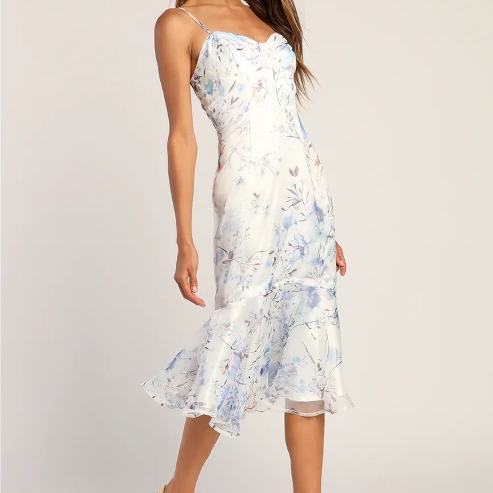 Beautiful Memories White Floral Print Trumpet Midi Dress
